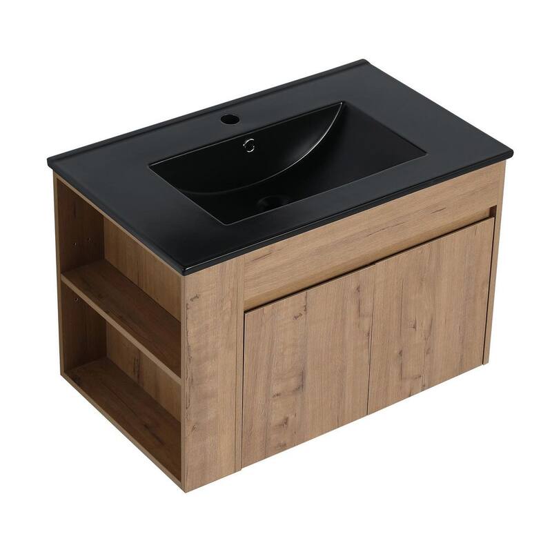 30 in. W x 18 in. D x 20 in. H Floating Bath Vanity in Imitative Oak with Black Cultured Marble Top