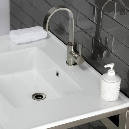 31 in. Ceramic Console Sink 1-Hole with Stainless Steel Base in Brushed Nickel