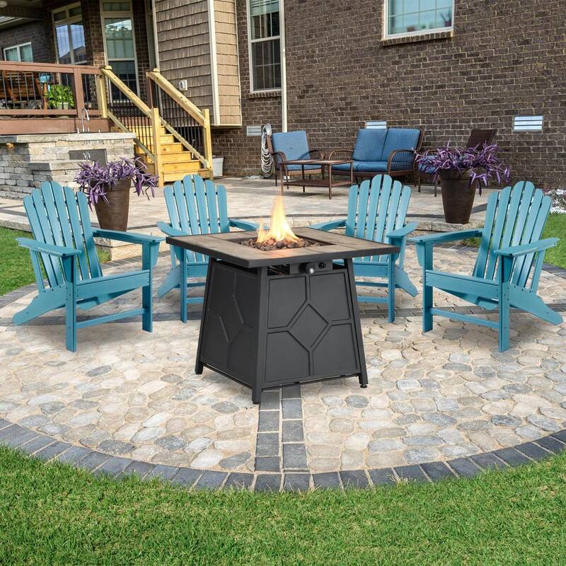 5-Piece Plastic Patio Fire Pit Set with HDPE Adirondack Chair Blue