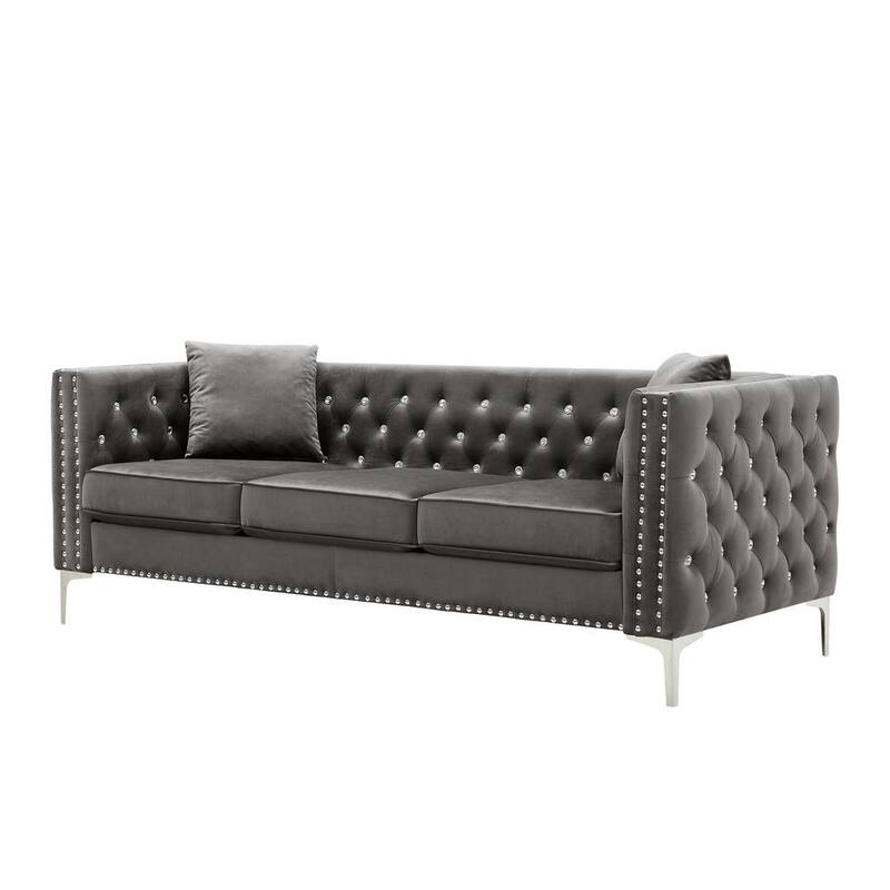 82.3 in Wide Square Arm 3-Seats Velvet Straight Sofa in Gray