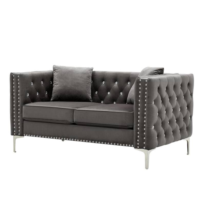 59.4 in. Black Velvet 2-Seater Loveseat with Diamond Button Tufted Backrest and Nail Head Modification 2 Pillows