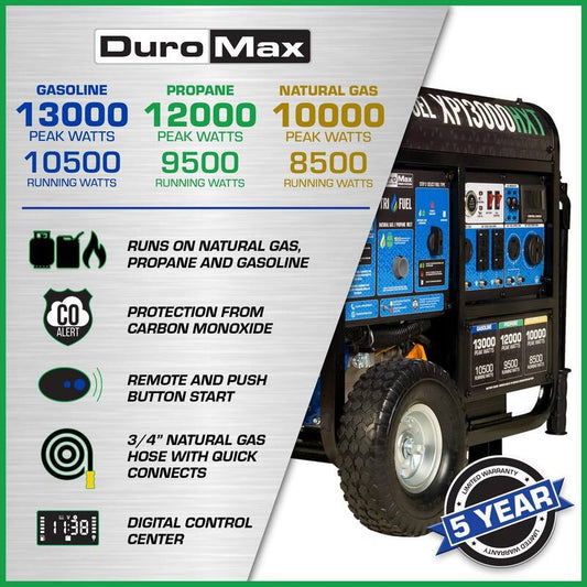 13000-Watt/10500-Watt Tri-Fuel Remote Start Gasoline Propane Natural Gas Portable Generator with CO Alert