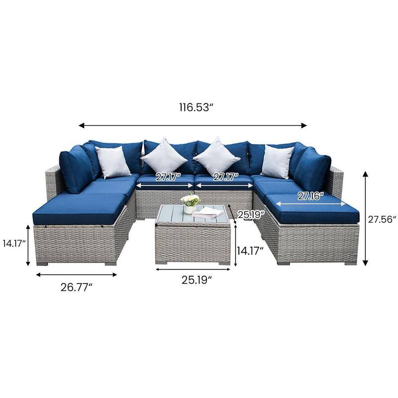 9-Piece All-Weather Wicker Outdoor Conversation Sectional Set With Navy Blue Cushion