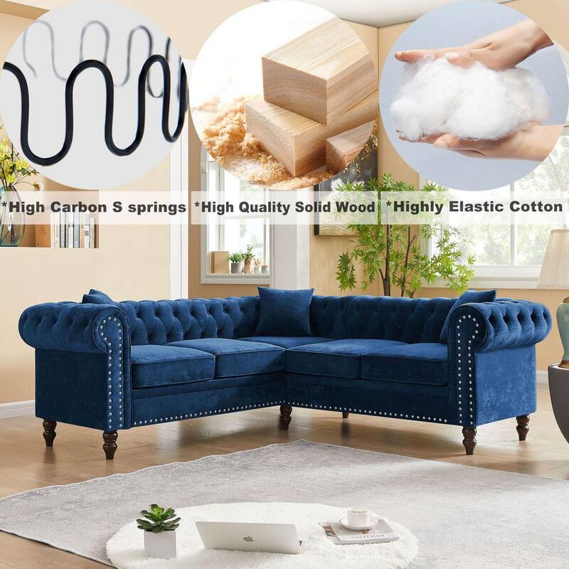 80 in. Rolled Arm Velvet Tufted L Shaped Sofa in Blue with Nailhead Trim and Removable Cushions