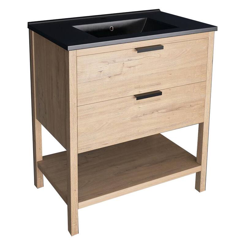 30 in. W x 18.3 in. D x 34 in. H Freestanding Bathroom Vanity Set in Imitative Oak with Integrated Black Ceramic Top