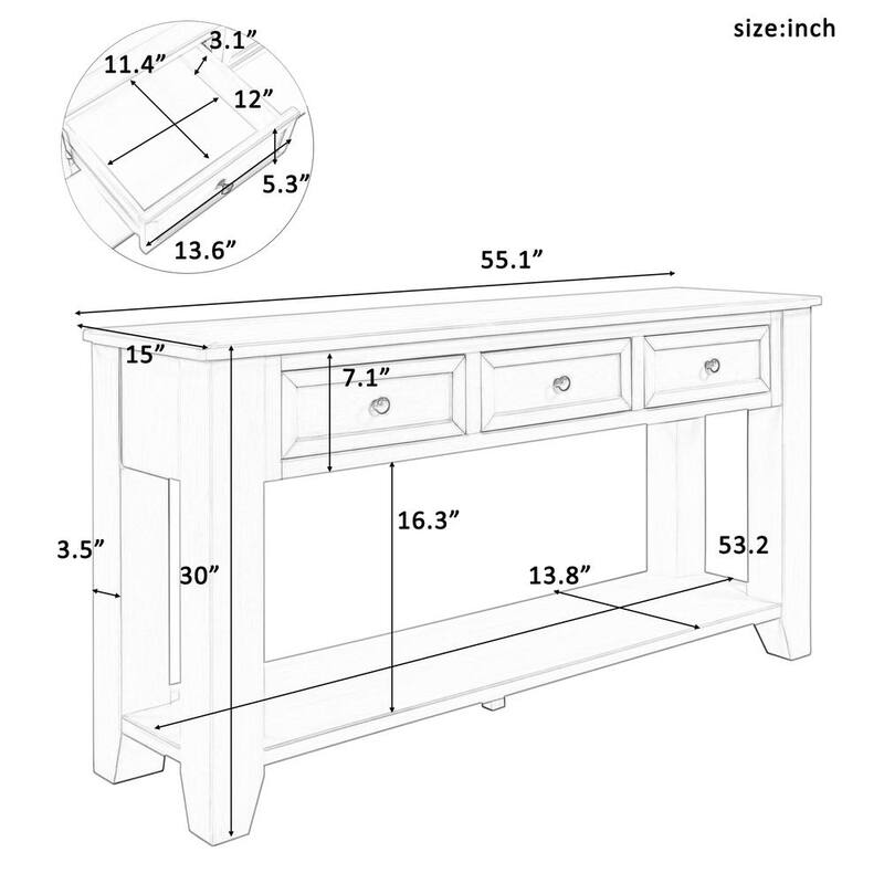 55.1 in. Retro White Modern Rectangle Wood Console Table Sofa Table for Living Room with 3-Drawers and 1 Shelf