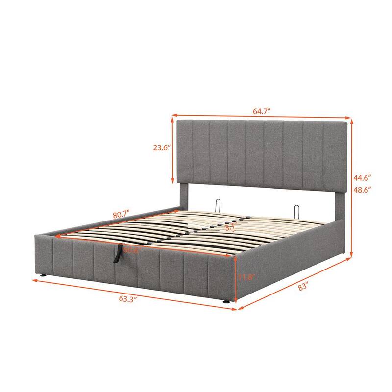 83 in.W Gray Queen Size Upholstered Platform Bed with Storage Underneath Wooden Bed Frame with Hydraulic Storage System