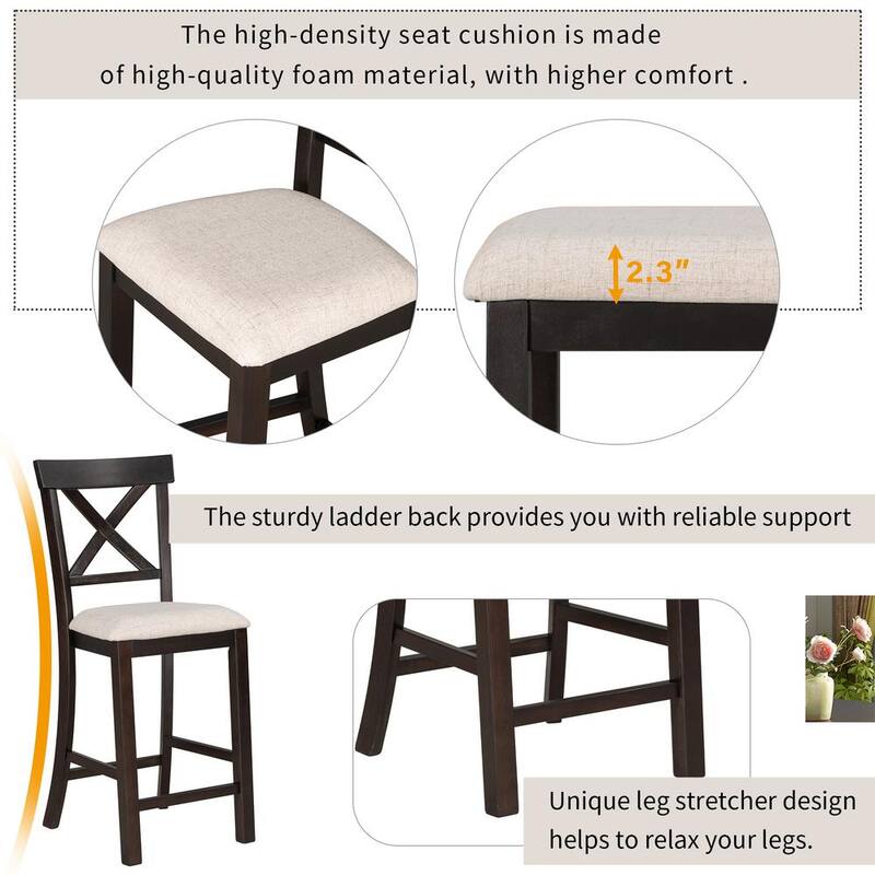 6-Piece Espresso Wood Counter Height Dining Table Set with Shelf 4-Chairs and Bench