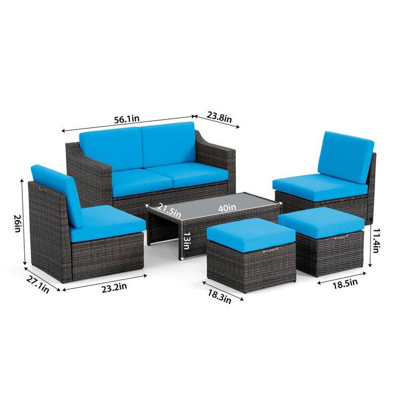 6-Piece Rattan Patio Sectional Sofa with Grey/Blue Cushions