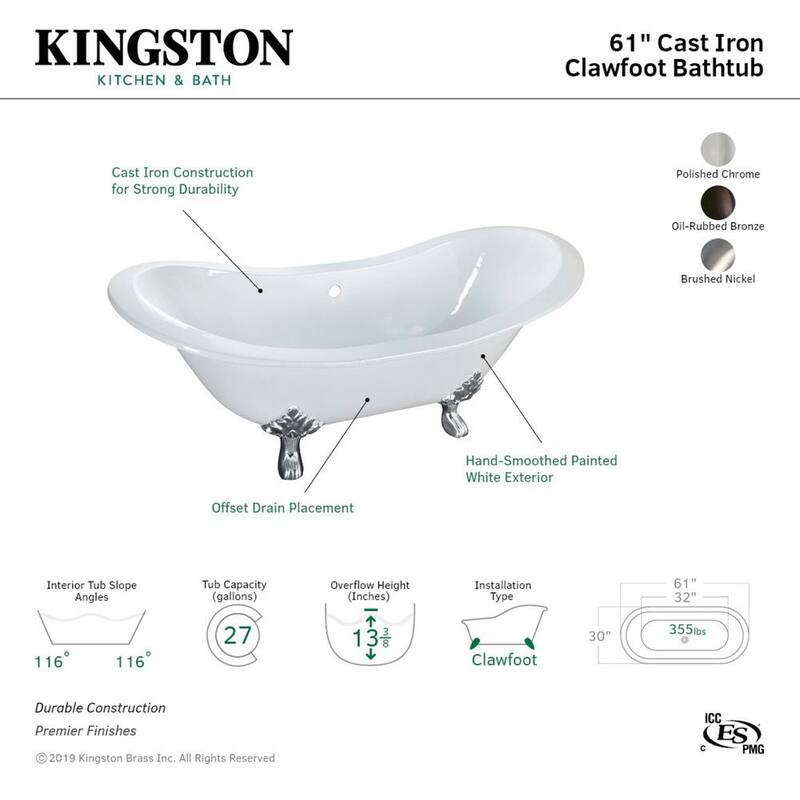 61 in. Cast Iron Double Slipper Clawfoot Bathtub in White with Feet in Oil Rubbed Bronze