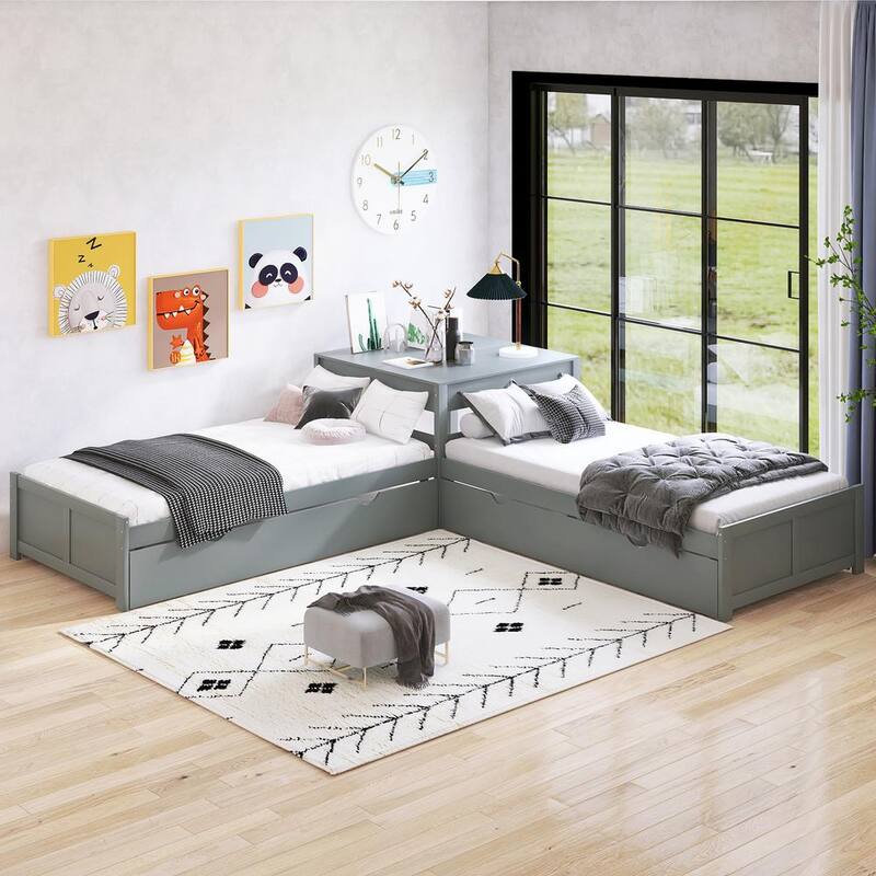 117.3 in.Twin Size L-shaped Platform Bed with 2-Trundles and Built-in Square Table - Gray