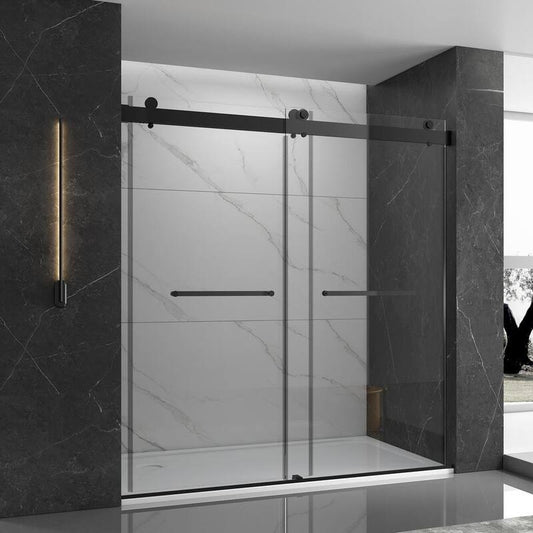 60 in. W x 76 in. H Double Sliding Frameless Shower Door in Matte Black Finish with Clear Glass