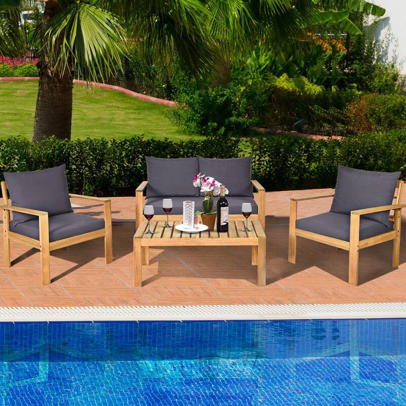 4-Piece Wood Outdoor Sectional Set Conversation Sofa Table Furniture Set with Grey Cushions