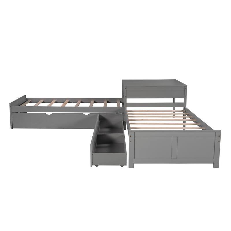 117.60 in Width Gray L-shaped Twin Size Platform Bed with Trundle and Drawers Linked with built-in Desk