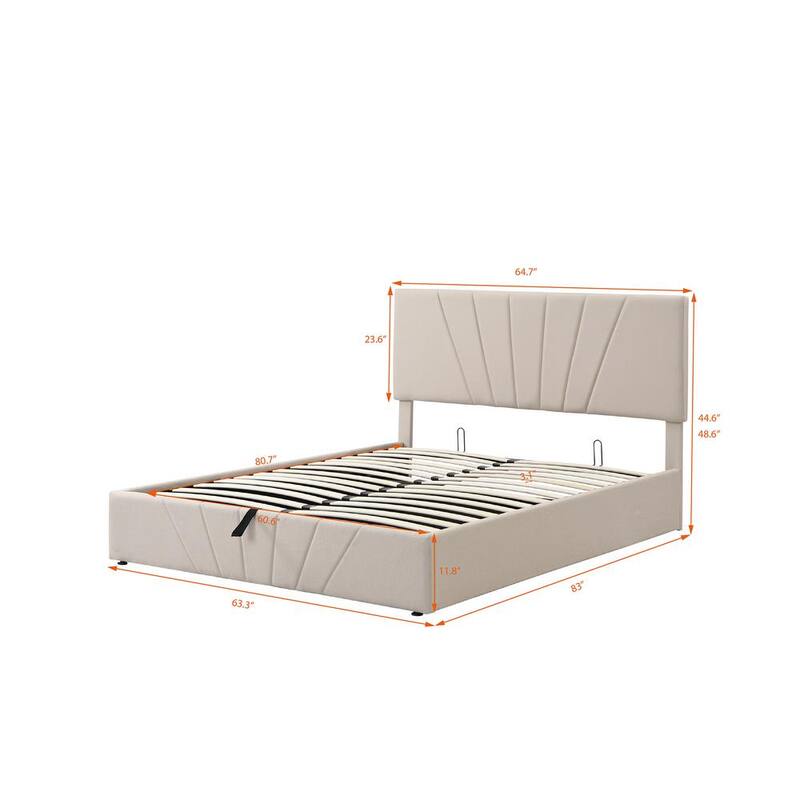 83 in. W Beige Queen Size Upholstered Platform Bed with a Hydraulic Storage System