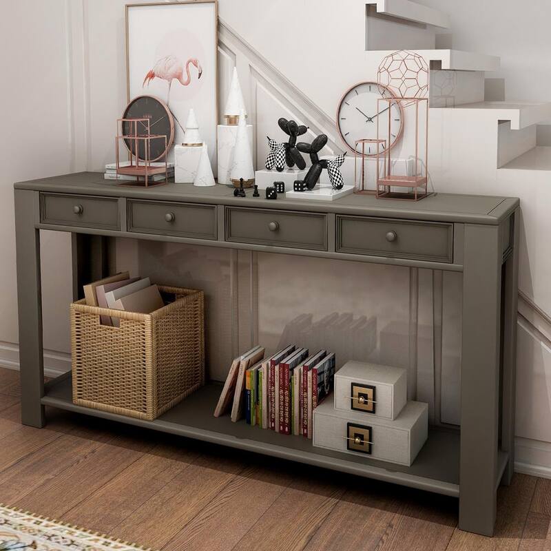 64 in. Rectangle Wood Console Table for Entryway Hallway Sofa Table with Storage Drawers and Bottom-Shelf - Khaki