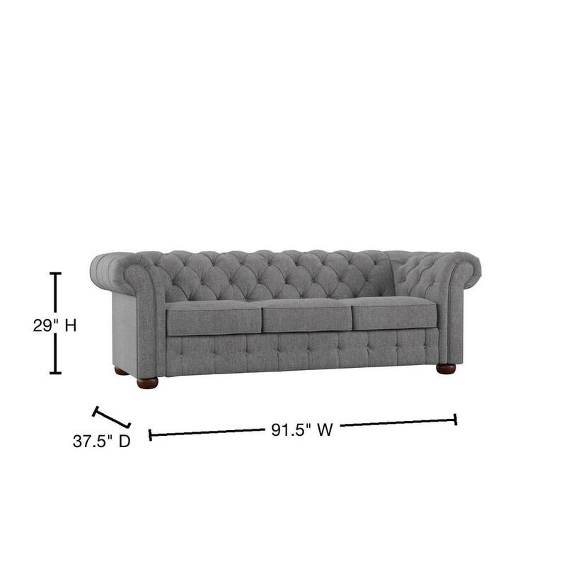 91.5 Rolled Arm Fabric Straight Chesterfield Sofa in Gray Tufted