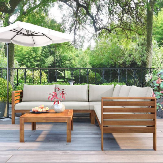 4-Piece Wood Outdoor Sectional Set with Beige Cushions Patio Conversation Corner Sofa with Coffee Table