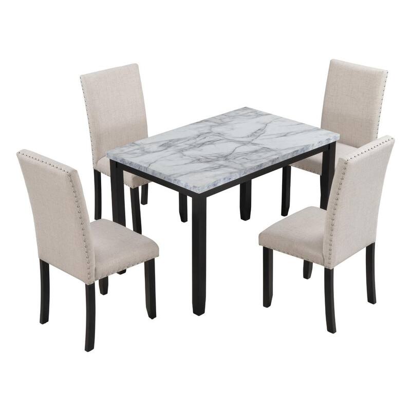 5-Piece Wood Top White/BeigeplusBlack Dining Set with Faux Marble Table 4-Thicken Cushion Dining Chairs Home Furniture