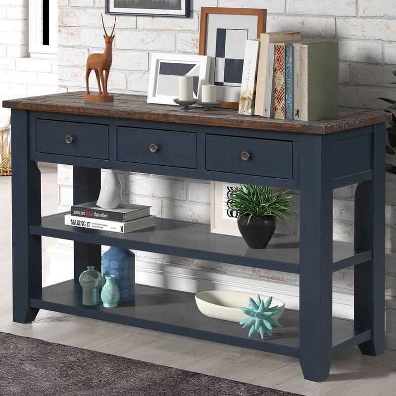 49 in. Blue Rectangle Distressed Wood Top Console Table with Storage Drawers and Shelves