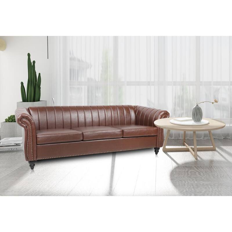 84 in. W Rolled Arm Faux Leather Chesterfield Straight 3-Seat Sofa with Reversible Cushions in Brown