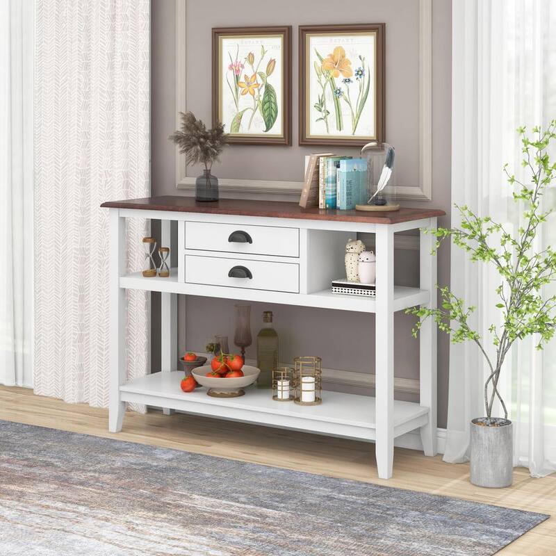 47.9 in. WhiteplusWalnut Rectangle Wood Console Table with 2-Drawers and Open Shelves for Living Room Entryway