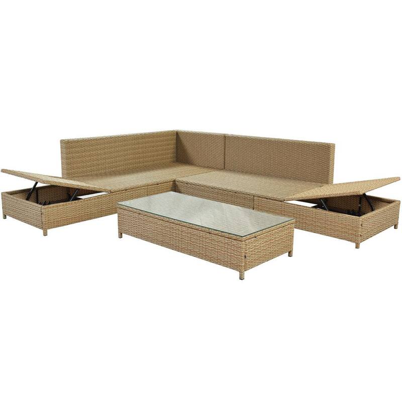 3-Piece Natural Brown Wicker Outdoor Sectional Set with Beige Cushions