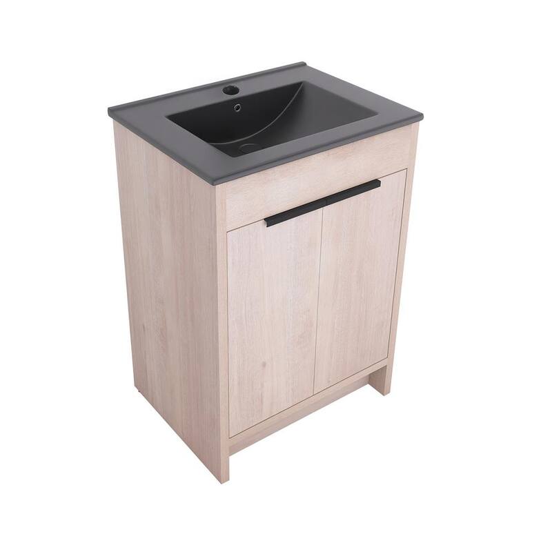 24 in. W x 18 in. D x 34 in. H Freestanding Bath Vanity in Plain Light Oak with Black Ceramic Top