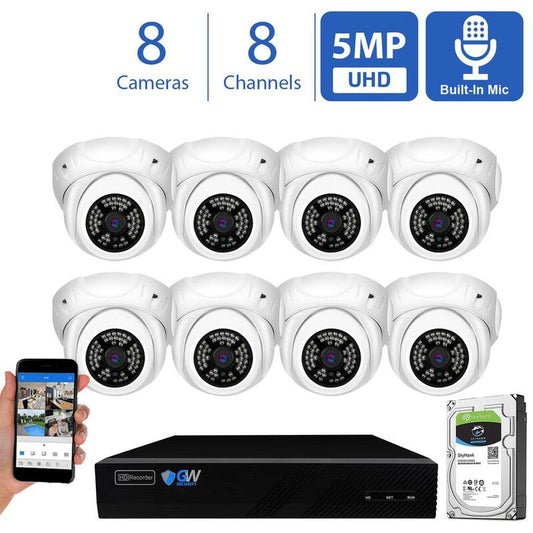 8-Channel 5MP NVR 2TB Security Camera System with 8 Wired IP Cameras Turret Fixed Lens Built-In Mic Human Detection