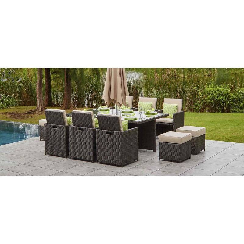 Alisa Aluminum Brown 11-Piece Wicker Outdoor Dining Set with Beige Cushions and Ottmans