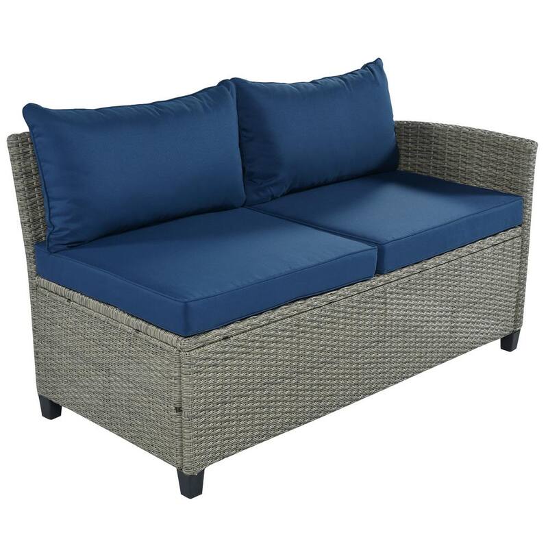 5-Piece Wicker Patio Conversation Set with Blue Cushions Coffee Table and Single Chair