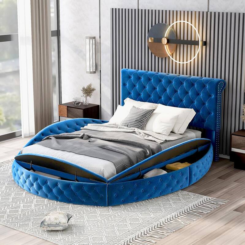 82 in.W Blue Full Size Round Velvet Upholstered Low Profile Platform Bed with Storage Space on Both Sides and Footboard