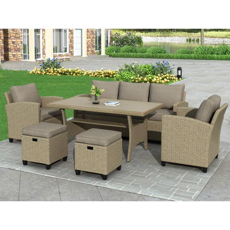 6-Piece Wicker Patio Conversation Set 2 Ottomans Patio Garden Backyard Sofa with Brown Beige Cushions