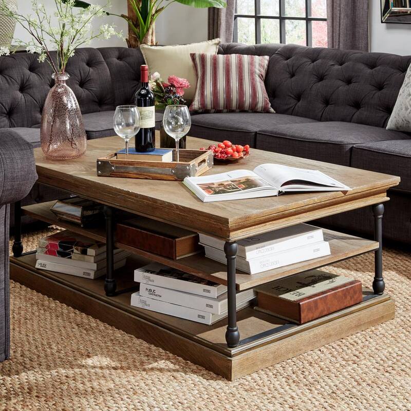 55 in. Brown Cornice Rectangle Storage Shelf Coffee Table