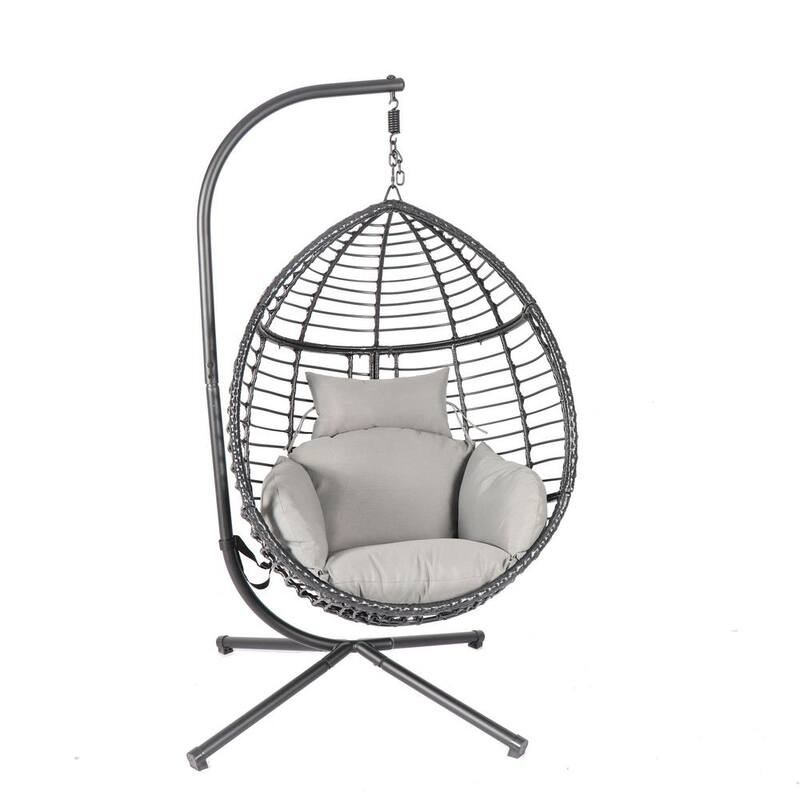 37.4 in. x 37.4 in. x 76.77 in. 300 lbs. Capacity Black Outdoor Egg Swing Chair with Stand with Gray Cushion Gray