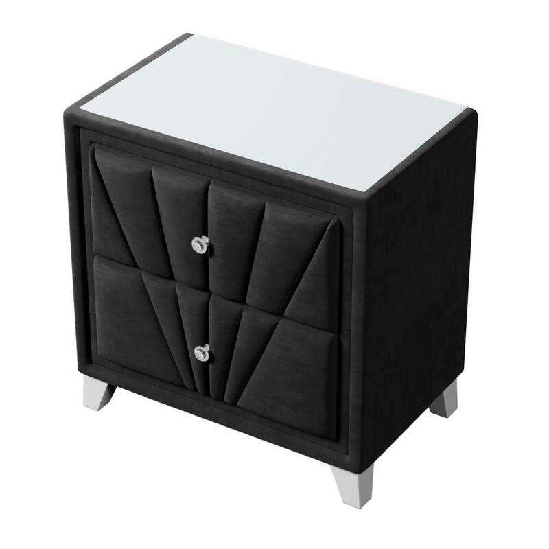 2-Drawer Black Nightstand 28 in. H x 26.8 in. W x 16.9 in. D Velvet Upholstered Glass Top End Table