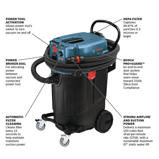 14 Gallon Corded Wet/Dry Dust Extractor Vacuum with Automatic Filter Clean and HEPA Filter