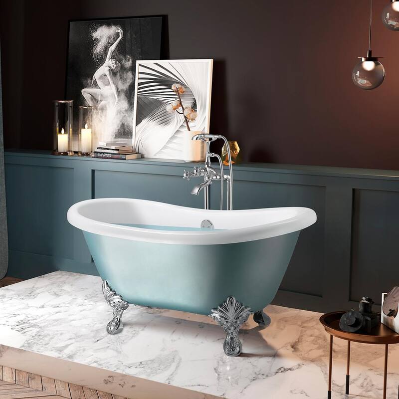 69 in. Acrylic Matt Lichen Green Double Slipper Clawfoot Non-Whirlpool Bathtub in Matte Lichen Green