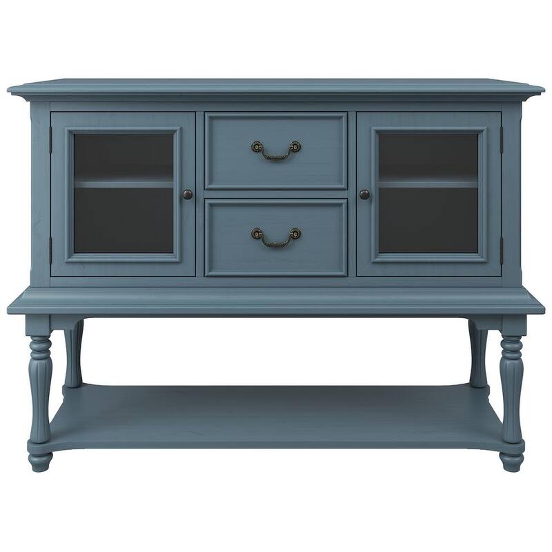 52 in. Blue Rectangle Wood Console Table with 2-Drawers 2-Glass Doors and Bottom Shelf for the Living Room