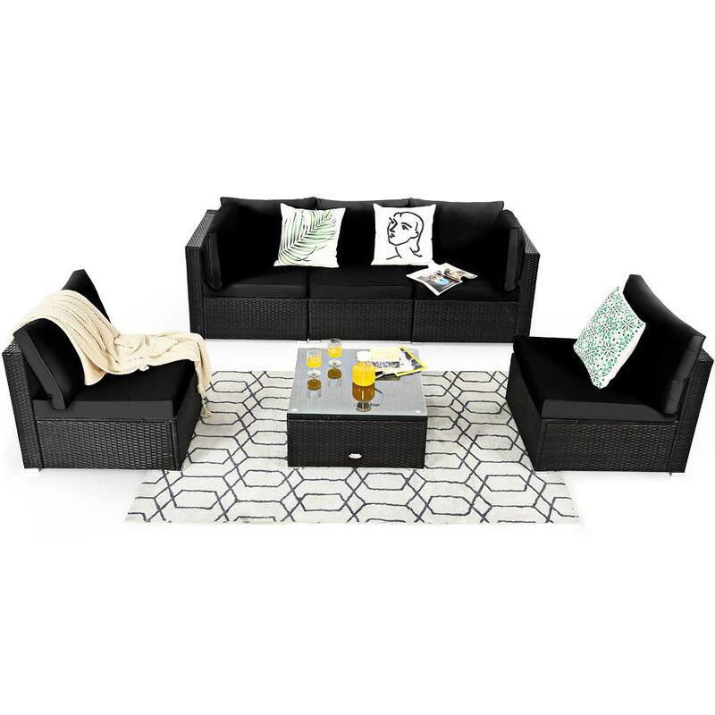 6-Pieces Rattan Outdoor Sectional Sofa Set Patio Furniture Set with Black Cushions