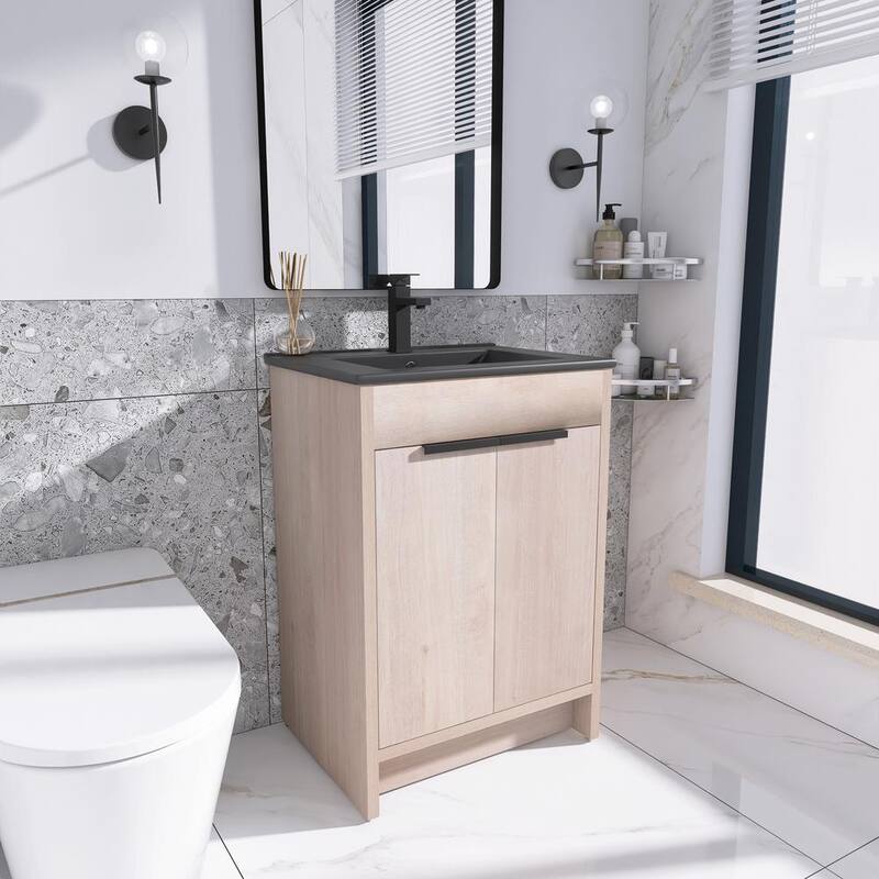 24 in. W x 18 in. D x 34 in. H Freestanding Bath Vanity in Plain Light Oak with Black Ceramic Top