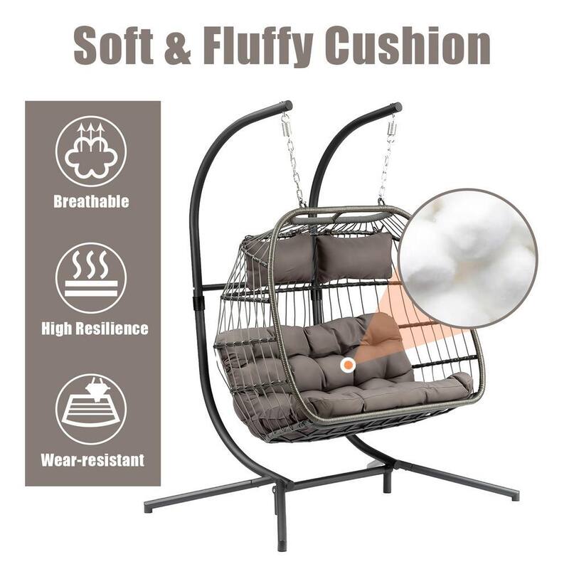 63 in. W 2-Person Luxury Aluminum and Wicker Patio Swing Hanging Egg Chair with Gray Cushion