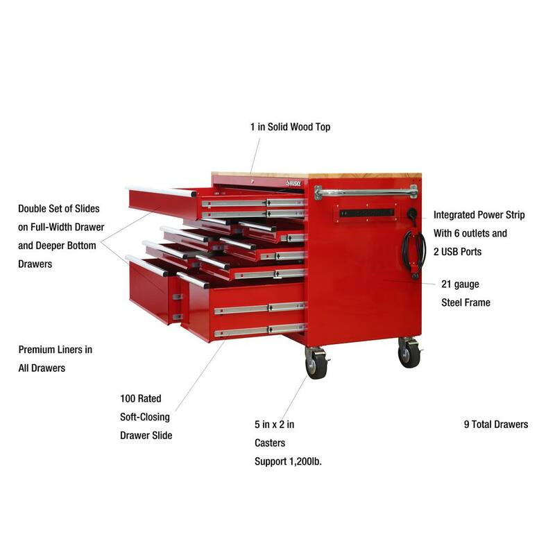 52 in. W x 25 in. D Standard Duty 9-Drawer Mobile Workbench Cabinet with Solid Wood Top in Gloss Red