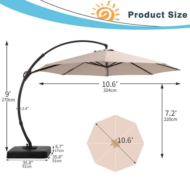 10 ft. Cantilever Deluxe Patio Umbrella Beige with Base Outdoor Large Hanging Curvy Umbrella with 360-Degree Rotation