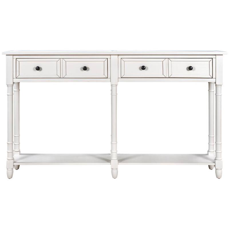 58 in. Ivory White Rectangle Wood Console Table with Two Storage Drawers and Bottom Shelf for Living Room Entryway