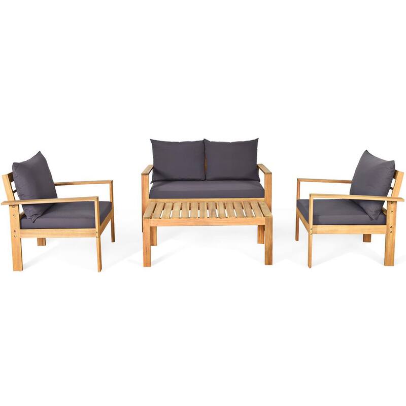 4-Piece Wood Outdoor Sectional Set Conversation Sofa Table Furniture Set with Grey Cushions