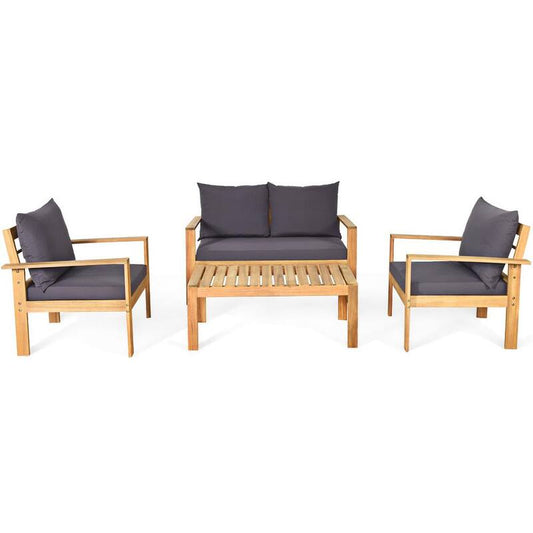 4-Piece Wood Outdoor Sectional Set Conversation Sofa Table Furniture Set with Grey Cushions