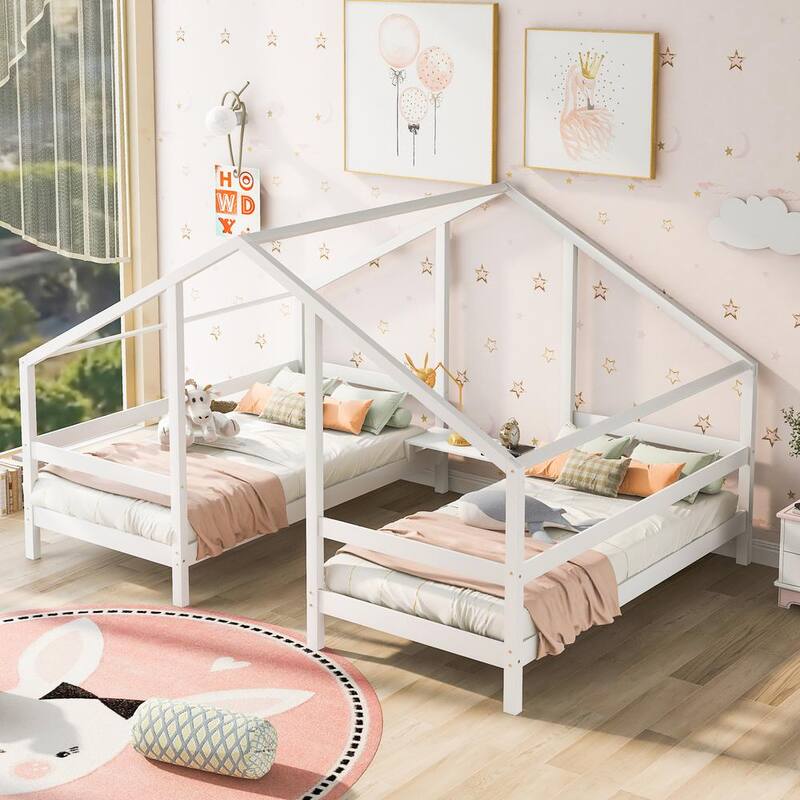 107 in. W White Twin Non-upholstered Wood Frame Canopy Bed Triangular House Beds with Built-in Table