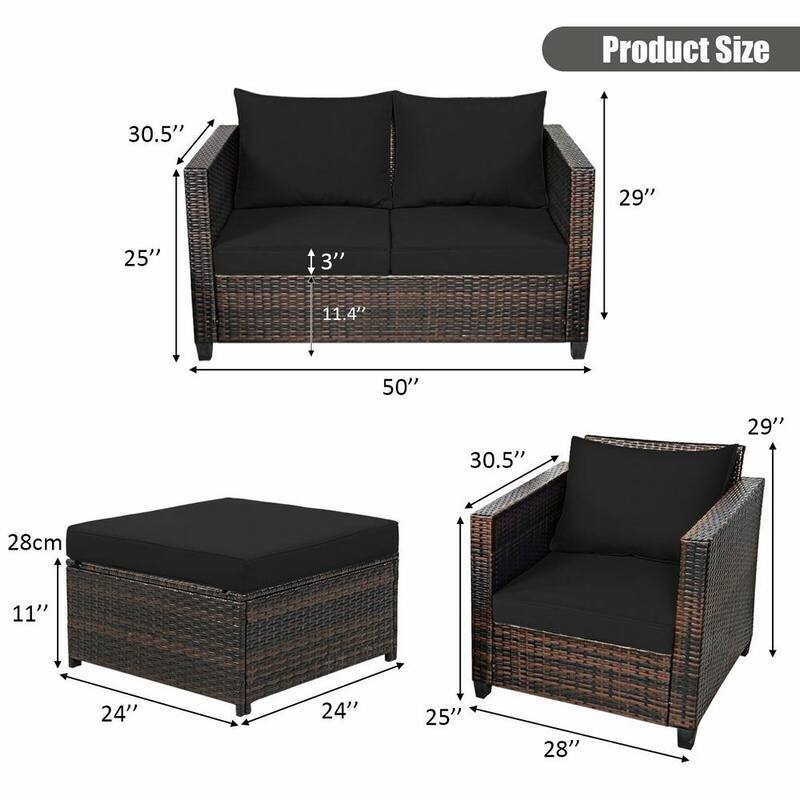 5-Piece Wicker Patio Conversation Set with Black Cushions and 2 Ottomans