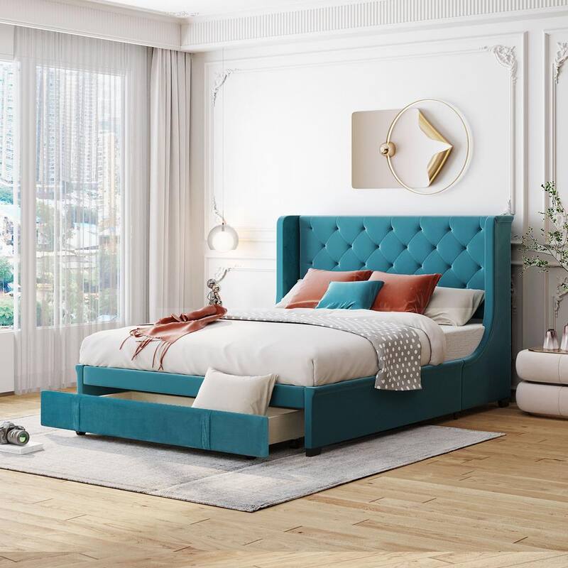 84.40 in. W Blue Queen Size Storage Bed Velvet Platform Bed with Wingback Headboard and a Big Drawer